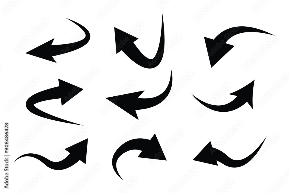 Poster black arrows of various shapes set. curve arrow collections. realistic arrow twisted in various dire