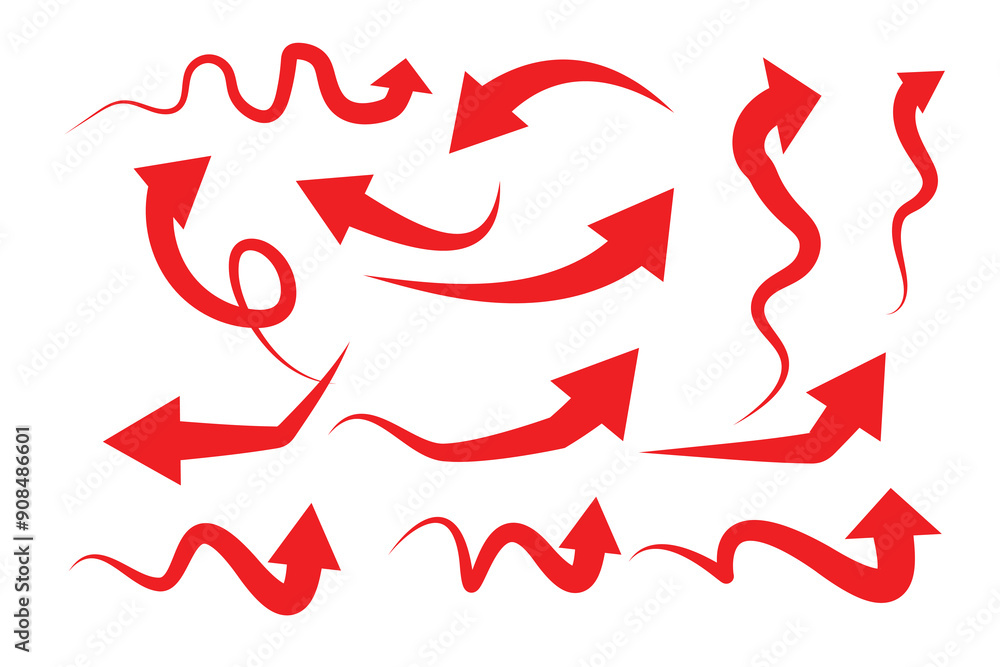 Poster curved arrows. a collection of hand-drawn arrows in various shapes, styles and twisted in various di