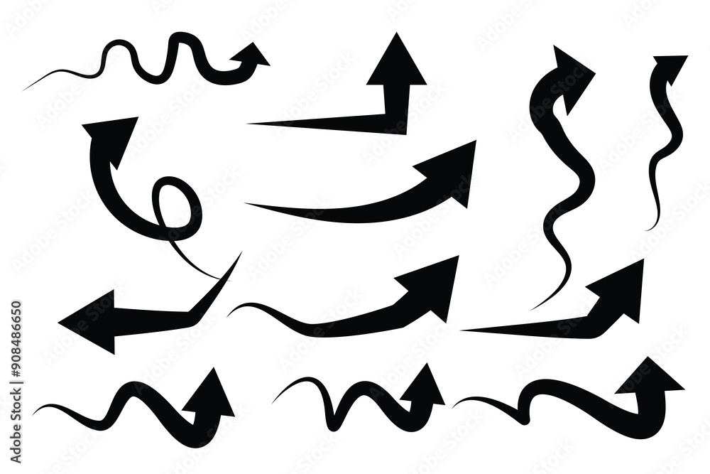 Poster curved arrows. a collection of hand-drawn arrows in various shapes, styles and twisted in various di