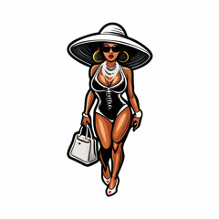 A glamorous woman, posing poolside, wearing a sleek one-piece swimsuit.