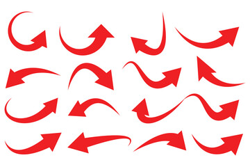 Red ,black Curved arrow set. Curved Arrows sign. Set of curved arrows isolated on white background. arrow twisted in various directions. Collection of pointers. Vector illustration 