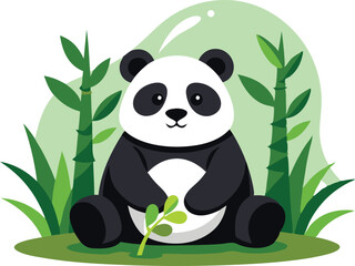 Obraz premium A playful panda relaxes amidst lush bamboo, holding a small branch in a tranquil natural environment.