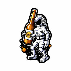 An astronaut is walking on the moon, holding a large beer.