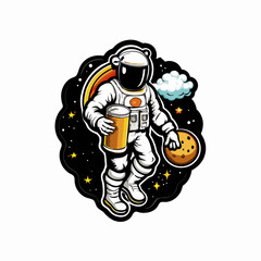 An astronaut walks on the moon holding a large beer.