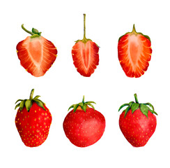 Fresh and colorful strawberries, whole and cut, are beautifully presented on a white background