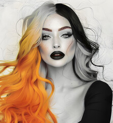 Fototapeta premium Woman with Black, White, and Orange Ombre Hair and Dramatic Makeup