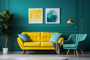 Vibrant yellow sofa and chair.Scandinavian Interior Design in Modern Living Room,Teal wall with poster frame. 