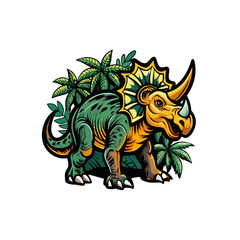 A Triceratops stands in a defensive stance, its horns pointed forward and its frill raised, showcasing its powerful and formidable nature.