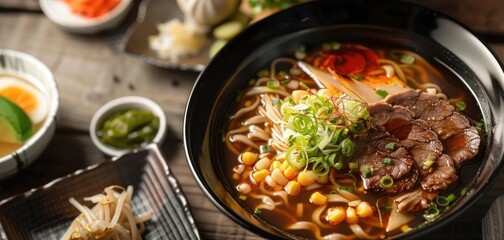 Delicious bowl of ramen featuring tender meat, fresh vegetables, and rich broth, perfect for food enthusiasts and culinary photography.