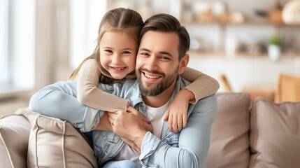 Fototapeta premium Happy father and daughter hugging on the couch at home