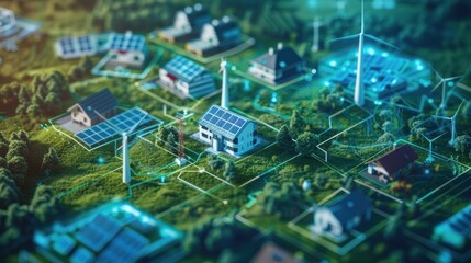 Obraz premium Renewable environmentally friendly power generation using solar panels and windmills.