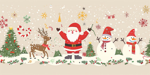 Fototapeta premium Postkarte Weihnachten mit Weihnachtsmann Schneemann im Cartoon Stil