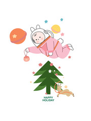 christmas tree with gifts, flowers in pots, Christmas and cute bunny, element Christmas animal, card Christmas, set cute Christmas, draw vector cute bunny in garden 