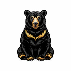 A realistic black bear sitting on its haunches, with a calm and composed expression.