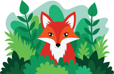 Fototapeta premium A red fox peeks through vibrant green foliage, showcasing its curious nature in a lush forest setting.
