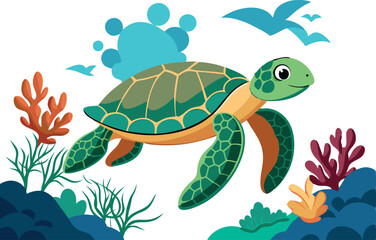 A friendly sea turtle glides gracefully amidst colorful corals and playful bubbles in a bright underwater scene.