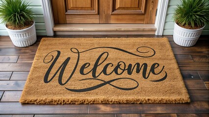 Cozy entranceway featuring a decorative doormat with a warm and inviting Welcome message in a elegant script font on a soft, plush surface.