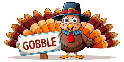 Colorful cartoon Thanksgiving turkey wears a festive pilgrim hat and holds a sign that reads "Gobble" with a big smile on its happy face.