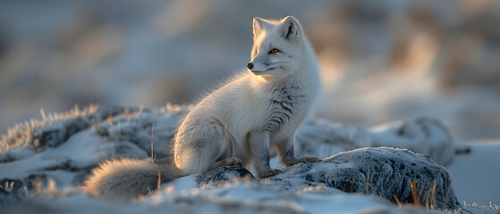A white fox in a snowy winter, mammal wild animal in south pole's earth, which ungulates that live in the south pole's earth in groups of families or species societies