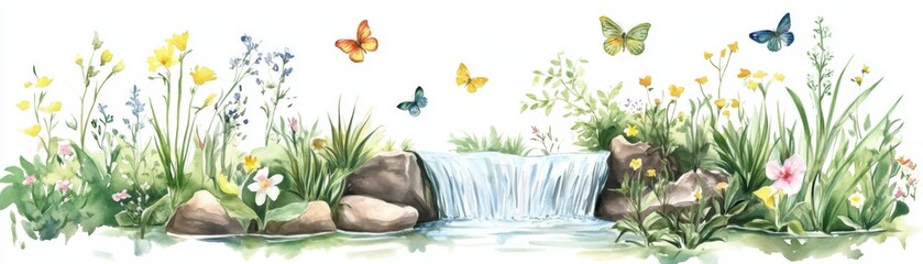 A serene illustration of a waterfall surrounded by colorful flowers and butterflies, capturing the essence of nature's beauty.