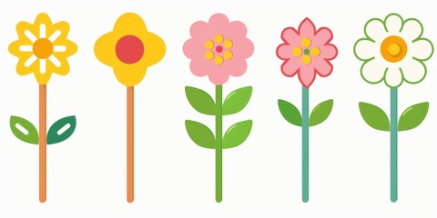 Obraz premium Collection of 2D and 3D Vector Flat Abstract Minimalistic Art of Flowers and Meadow Isolated on a White Background