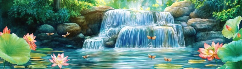 A serene waterfall surrounded by lush greenery and blooming lotus flowers, perfect for nature lovers and peaceful landscapes.