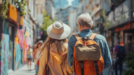 Obraz premium a senior couple enjoying their city tour, exploring the urban landscape.