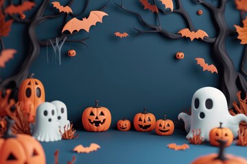 3D Plasticine Style Halloween Scene with Ghosts, Pumpkins, and Bats - Perfect for Halloween Decor, Posters, and Invitations