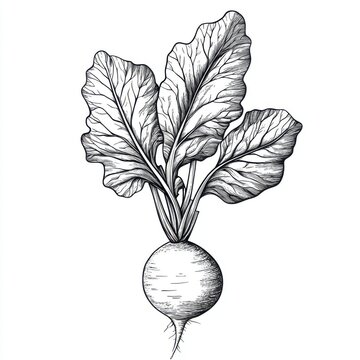 recommend clip art: Black and white Vintage engraved art of a radish isolated on white background, ink sketch illustration, simple vector art design, highly detailed line art, high contrasty