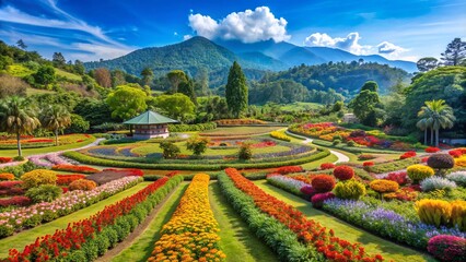 Vibrant flowers and lush greenery thrive in Jatinangor National Flower Park, a serene tourist haven in Sumedang, West Java, Indonesia, under a bright blue sky.
