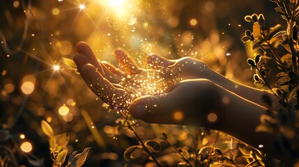 Two hands cupped together, holding a ball of warm, sparkly light.