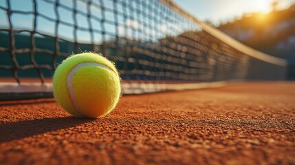 A tennis ball on the red clay court with a net and sunlight