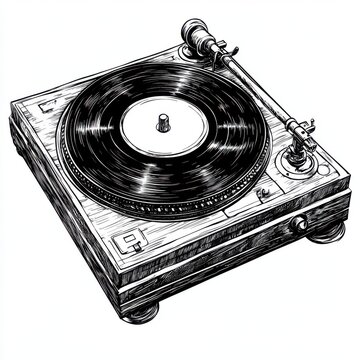 recommend clip art: Black and white Vintage engraved art of a vintage turntable isolated on white background, ink sketch illustration, simple vector art design, highly detailed line art, high contrasty.