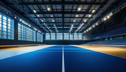 the empty modern sports hall with a blue carpet and black metal ceiling, spotlights shining from above