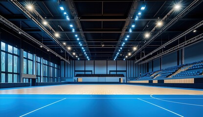 the empty modern sports hall with a blue carpet and black metal ceiling, spotlights shining from...