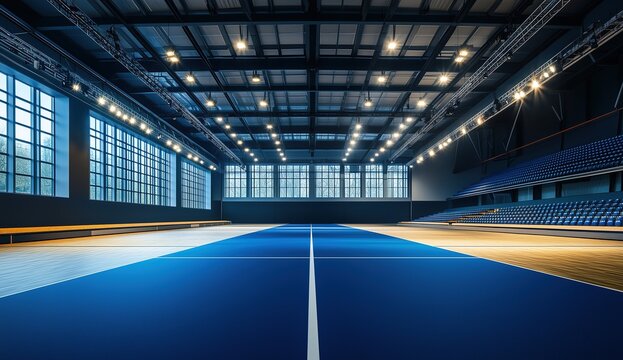 the empty modern sports hall with a blue carpet and black metal ceiling, spotlights shining from above