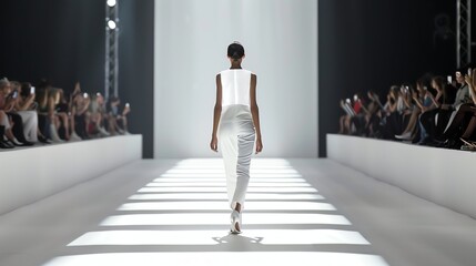 A fashion model walks a runway at a fashion show.