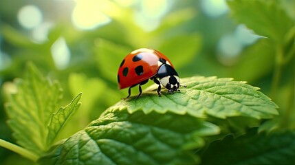 Fototapeta premium lovely ladybug on a background of defocused leaves