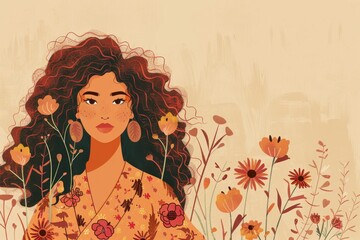 Chinese minimalism illustration, portrait of a Hispanic woman with curly chestnut hair styled in a half-up, half-down look with a headscarf, wearing a boho kimono, flat illustration