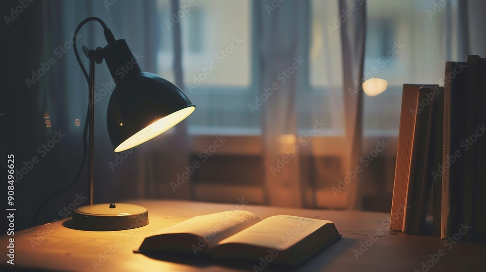 Poster a desk lamp illuminates an open book and a stack of books on a wooden desk.