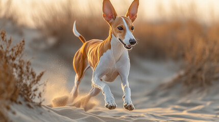 Ibizan Hound Sprinting Across Sandy Dunes
