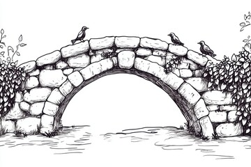 A charming illustration of a stone bridge with birds perched, showcasing nature and tranquility in a sketch style.