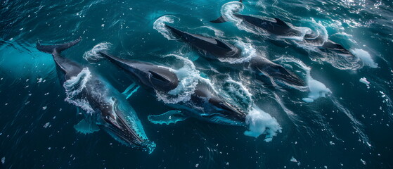 Fototapeta premium Aerial wide view over the Earth's South Pole Area of Photographs reflect the daily life in various poses of blue whale, humpback whale of Antarctica in groups of families or species societies
