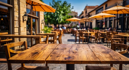photo wooden table and blurred background of outdoor restaurant with bokeh light. High quality photo 