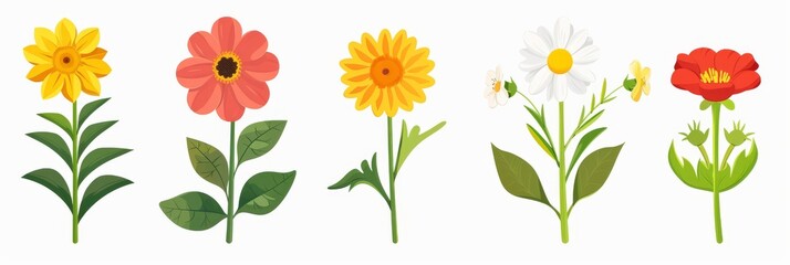 Collection of 2D and 3D Vector Flat Abstract Minimalistic Art of Flowers and Meadow Isolated on a White Background