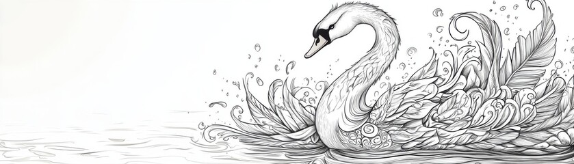 Elegant swan gliding through water, surrounded by intricate waves and floral designs, capturing serene beauty in monochrome.