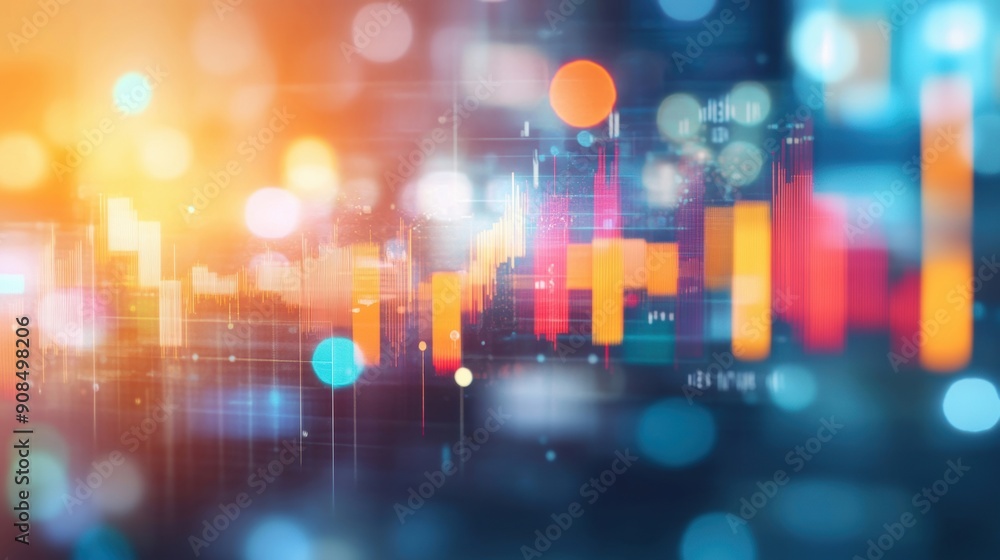 Poster dynamic representation of financial data trends with vibrant colors and patterns illustrating market