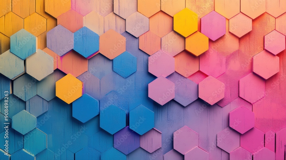 Poster a vibrant hexagon pattern blends various colors against a textured backdrop