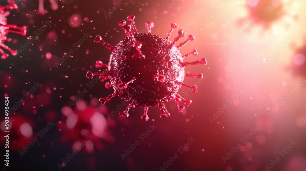 Poster detailed visual of abstract red glowing virus structures suspended in a microscopic setting