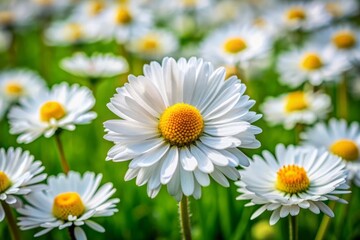 Delicate white petals and yellow centers of Bellis perennis, the charming European daisy, bloom in lush green meadows, symbolizing innocence and simplicity.